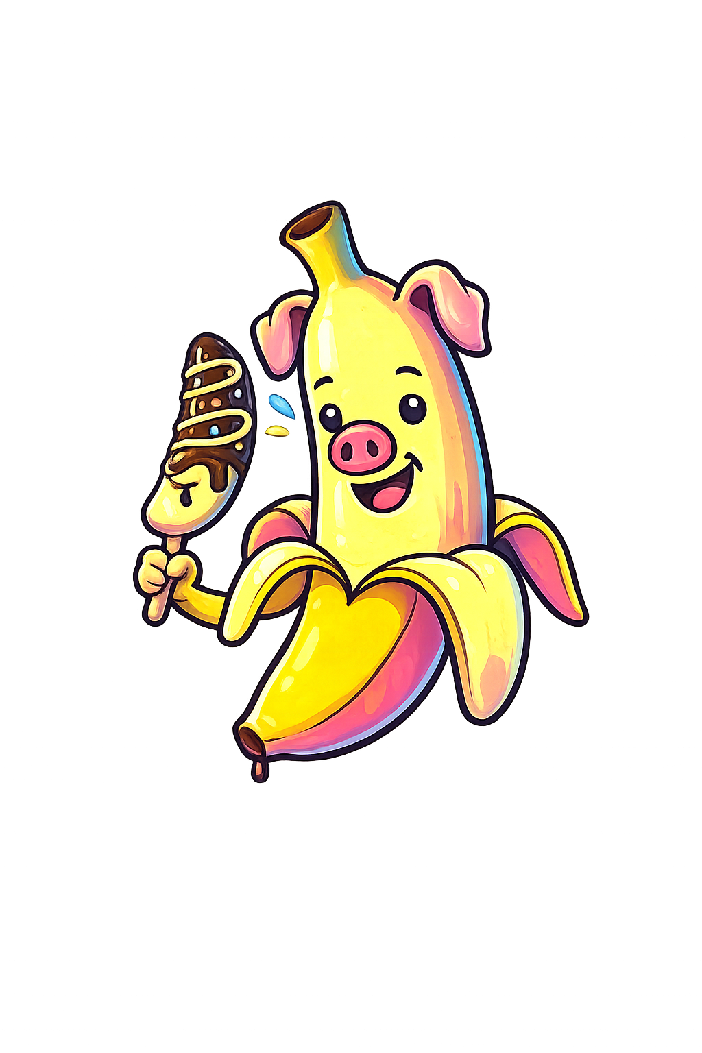 Banana Pig mascot with dark chocolate frozen banana